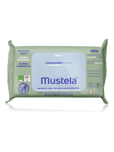 Mustela Compostable at Home Cleansing Wipes почистващи кърпички парфюмиран за деца от раждането им 60 бр.