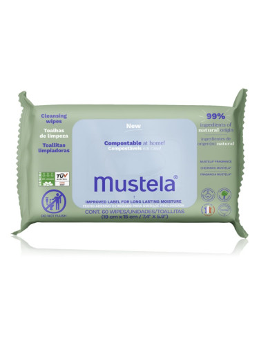 Mustela Compostable at Home Cleansing Wipes почистващи кърпички парфюмиран за деца от раждането им 60 бр.
