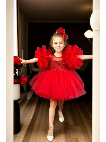 N4732 Dewberry Chiffon Sequined Girls Evening Dress-RED