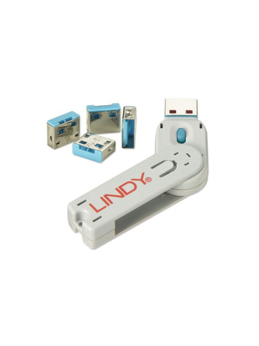 Система за заключване LINDY 40452, за USB Type A портове, 1x ключ, 4x блокера, сини