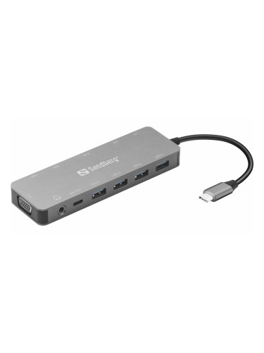 Докинг станция Sandberg USB-C 13-in-1 Travel Dock (136-45), от USB C към 1x USB C (PD), 1x USB C, 4x USB A, 2x HDMI, 1x VGA, 1x AUX, 1x RJ45, 1x SD/MicroSD четец, сива
