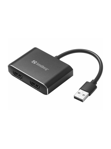 Преходник Sandberg 134-35, от USB-A(м) към 2x HDMI(ж), черен