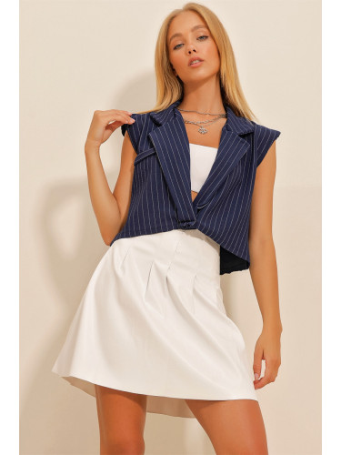 Trend Alaçatı Stili Women's Navy Blue Shirt Collar Filet Striped Blouse