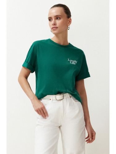 Trendyol Emerald Green 100% Cotton Slogan Printed Relaxed/Comfortable Fit Pocket Detail Knitted T-Shirt
