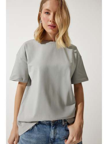 Happiness İstanbul Women's Stone Gray Loose Basic Cotton T-Shirt