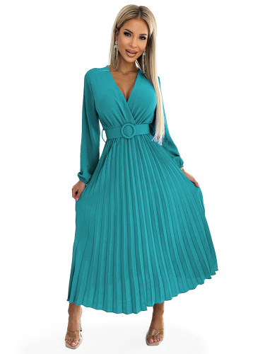 504-6 VIVIANA Pleated midi dress with a neckline, long sleeves and a wide belt - sea ​​color