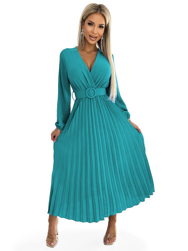 Pleated midi dress with a neckline, long sleeves and a wide belt Numoco