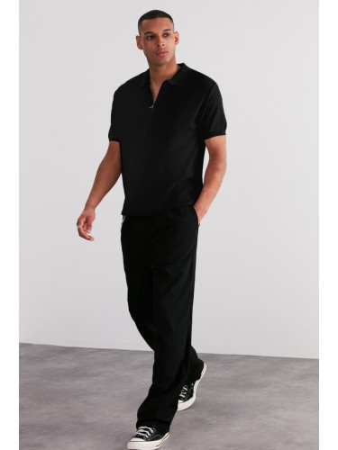 Trendyol Black Regular Fit Openwork Zippered Knitwear Polo Collar T-Shirt