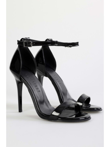 Shoeberry Women's Lina Black Patent Leather Single Strap Heeled Shoes