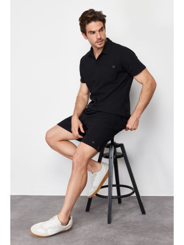 Trendyol Black Regular/Regular Fit Polo Collar Labeled T-Shirt Shorts Tracksuit Set