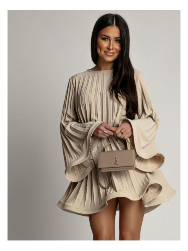 Beige pleated dress with wide sleeves