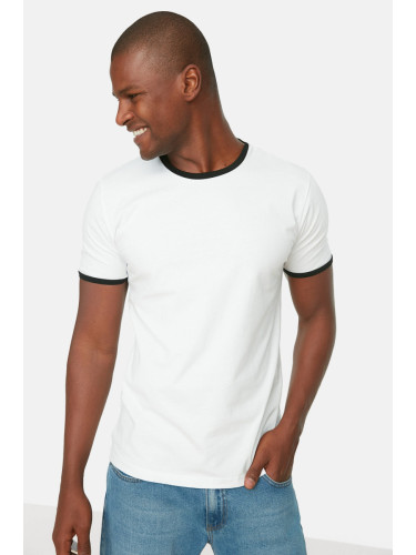 Trendyol White Slim Fit/Slim Fit Contrast Collar and Sleeve Ends Short Sleeve 100% Cotton T-Shirt