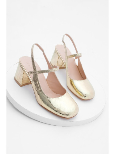 Marjin Women's Heeled Square Toe Open Back Thick Heeled Mary Jane Shoes Nesve Gold