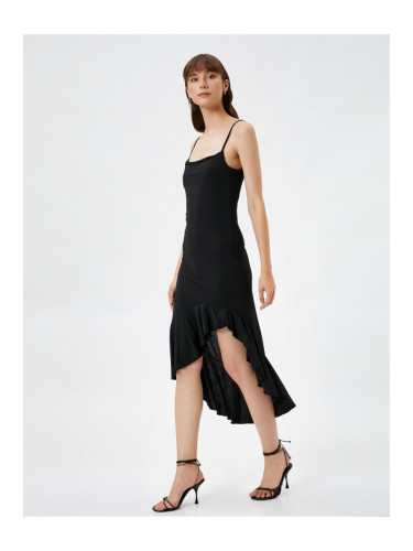 Koton Asymmetrical Frill Dress Midi with Thin Straps, Slim Fit