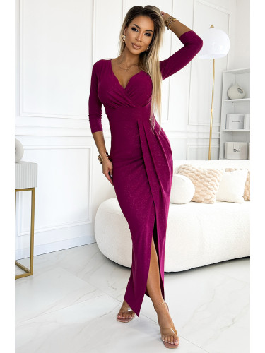 404-9 Shiny dress with a neckline and a slit on the leg - fuchsia with glitter