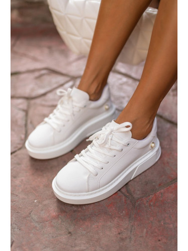 Madamra White Women's Round Toe Pearl Detailed Lace-Up Front Sneaker.