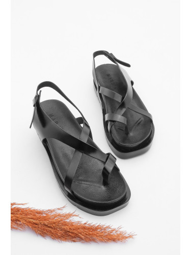 Marjin Women's Genuine Leather Thick Sole Flip Flops Daily Sandals Sufes Black