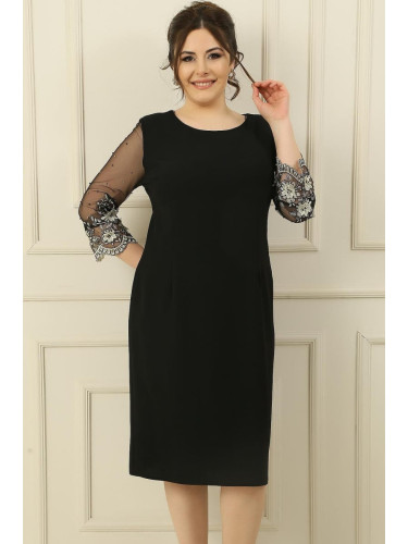 By Saygı Plus Size Lined Dress With Tulle Beads And Floral Embroidery On The Sleeves