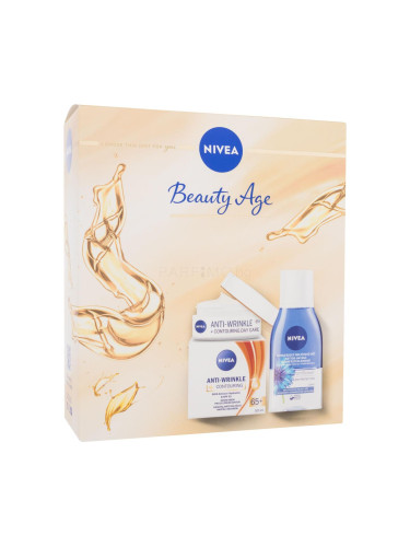 Nivea Beauty Age Подаръчен комплект дневен крем за лице Anti-Wrinkle + Contouring SPF30 50 ml + продукт за почистване на околоочен грим Cornflower 125 ml увредена кутия