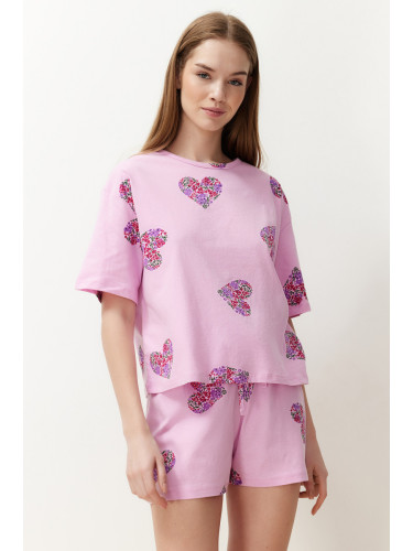 Trendyol Pink-Multicolor 100% Cotton Heart Knitted Pajamas Set