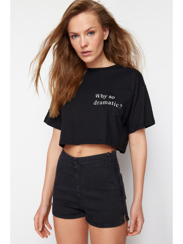 Trendyol Black 100% Cotton Motto Printed Pocket Relaxed Crop Knitted T-Shirt