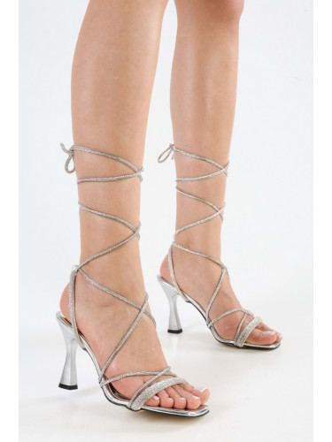 Shoeberry Women's Lassy Silver Mirror Tied Heeled Shoes