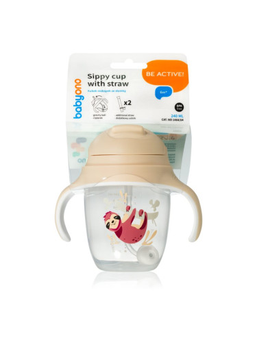 BabyOno Be Active Sippy Cup with Weighted Straw преходна чаша със сламка 6 m+ Sloth 240 мл.