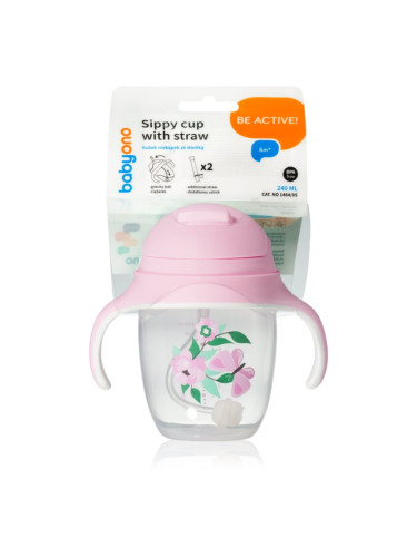 BabyOno Be Active Sippy Cup with Weighted Straw преходна чаша със сламка 6 m+ Butterfly 240 мл.