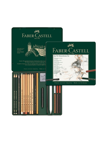 Моливи Faber-Castell Pitt Monochrome, чернографитни, различни цветове, 21 бр, метална кутия