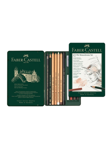 Моливи Faber-Castell Pitt Monochrome, чернографитни, различни цветове, 12 бр, метална кутия
