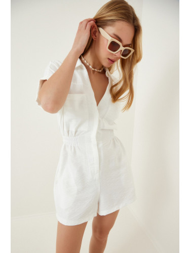 Happiness İstanbul Women's White Linen Viscose Overalls With Shorts TO0009