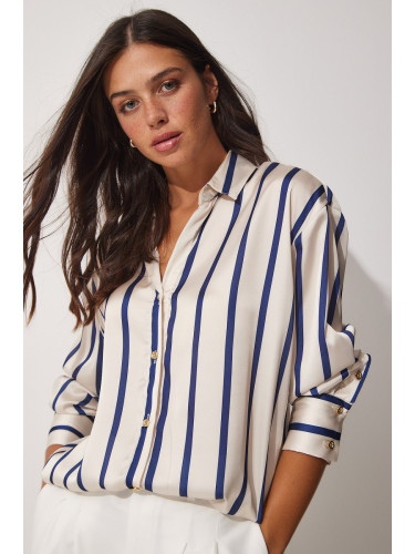 Happiness İstanbul Women's Cream Navy Blue Striped Flowy Satin Shirt