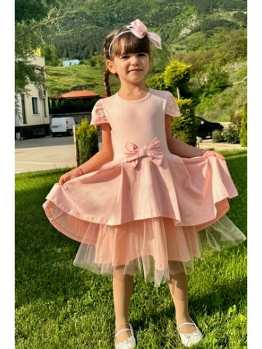 Официална или ежедневна детска рокля в прасковено с къс ръкав панделк