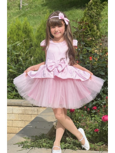 Детска официална рокля с къс ръкав и тюл в розово Надежда 54364603