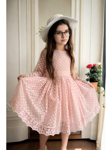 N8712 Dewberry Princess Model Girls Dress with Hat & Lace-PINK