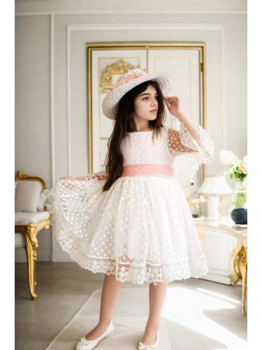 N8712 Dewberry Princess Model Girls Dress with Hat & Lace-WHITE