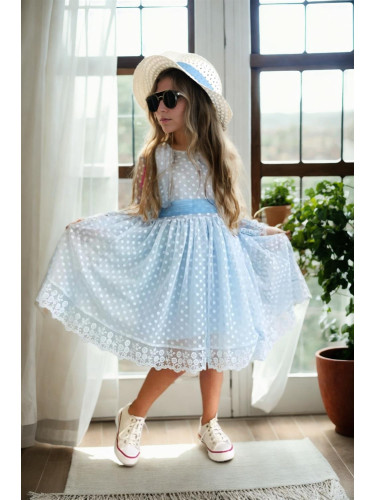 N8712 Dewberry Princess Model Girls Dress with Hat & Lace-BLUE