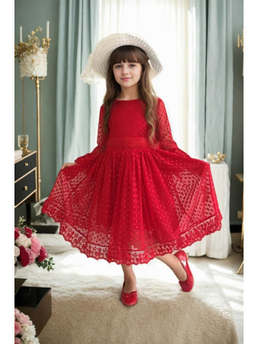 N8712 Dewberry Princess Model Girls Dress with Hat & Lace-RED