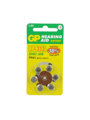 Батерии цинкови GP Hearing Aid ZA312, 1.4V, 6 бр. в опаковка, цена за 1 бр.