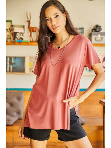 Olalook Women's Dried Rose V-neck with slits in the side and loose, loose fit T-Shirt.