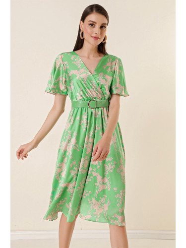 By Saygı Front Back Double Breasted Collar Lined Floral Satin Dress Green