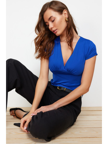 Trendyol Saks Deep V-Neck Body-Shouldered Short Sleeve Flexible Knitted Blouse