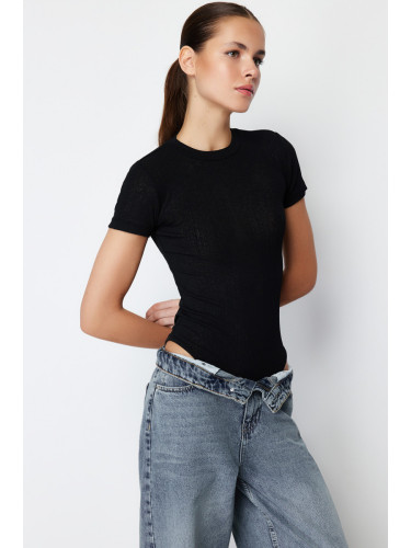 Trendyol Black Special Textured Tulle Slim Short Sleeve Stand Collar Knitted Body