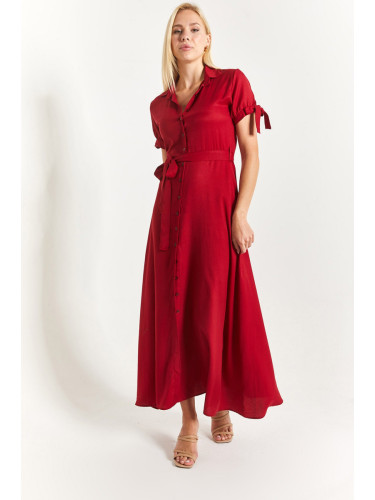 armonika Women's Claret Red Tie Sleeves With Belted Waist Shirt Dress