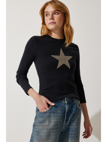 Happiness İstanbul Women's Black Star Printed Knitted Blouse