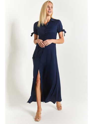 armonika Women's Navy Blue With Tie Sleeves and Belted Waist Shirt Dress