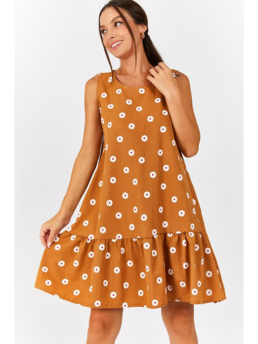 armonika Women's Mink Daisy Pattern Sleeveless Skirt with Ruffled Frill Dress