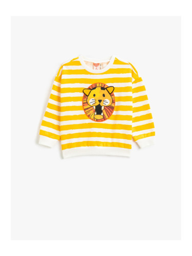 Koton Striped Sweatshirt with a Lion Graphic Print Long Sleeved Crewneck