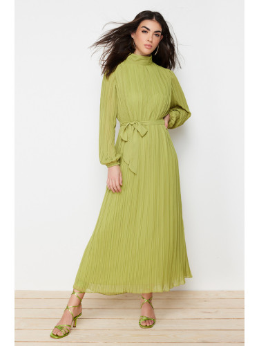Trendyol Oil Green Pleated Woven Lined Chiffon Dress