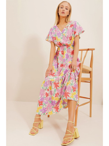 Trend Alaçatı Stili Women's Lilac Floral Pattern Double Breasted Maxi Length Dress